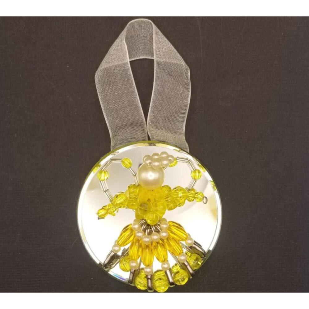 Vintage Beaded Angel Ornament on Round Mirror 2.5" Pearl Handmade Yellow